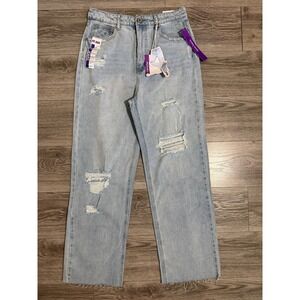 Women Jeans Size 13 32x30 Light Wash Distressed Frayed High Rise‎ BROKEN Zipper